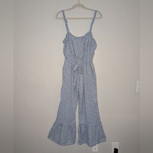 Storia Womens Blue Floral Patterned Boho Ruffle Flare Bell Bottom Jumpsuit L